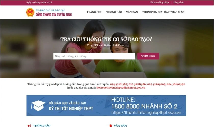 Tra cứu trên Cổng tuyển sinh của Bộ GD&ĐT