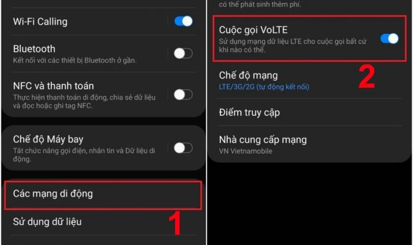 Bật hoặc tắt VoLTE để kiểm tra