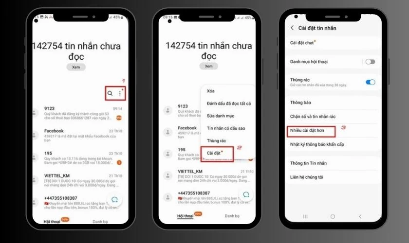 Mở ứng dụng Tin nhắn trên Android, nhấn biểu tượng ba chấm, chọn Cài đặt rồi vào Nhiều cài đặt hơn