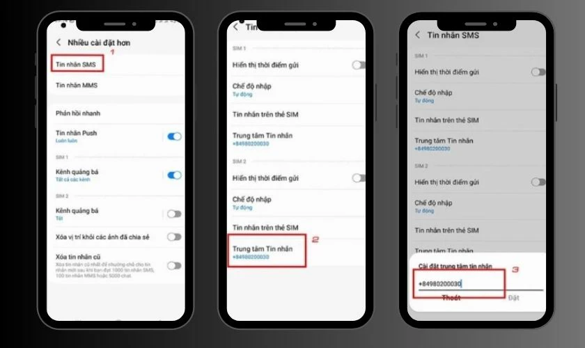 Chọn Tin nhắn SMS, nhấn Trung tâm tin nhắn và kiểm tra số