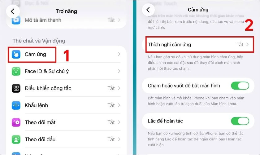Chọn vào mục Cảm ứng và chọn tiếp vào Thích nghi cảm ứng