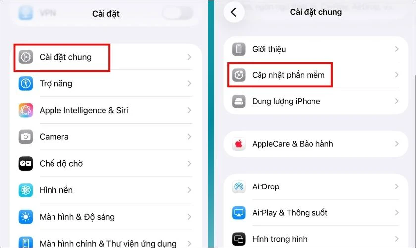 Chọn Cài đặt chung, chọn vào mục Cập nhật phần mềm
