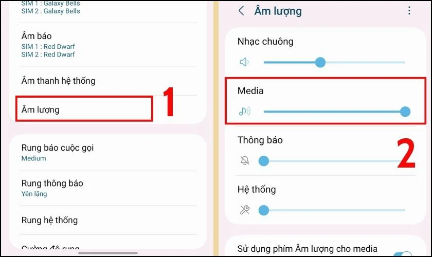 Chọn mục Âm lượng và kéo chỉnh âm thanh tại mục Media