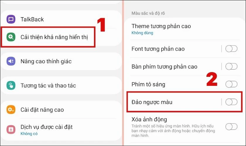Ấn vào Cải thiện khả năng hiển thị và tắt Đảo ngược màu
