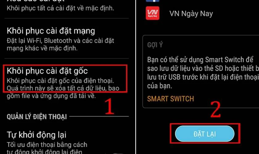 Chọn mục Khôi phục cài đặt gốc rồi nhấn nút Đặt lại