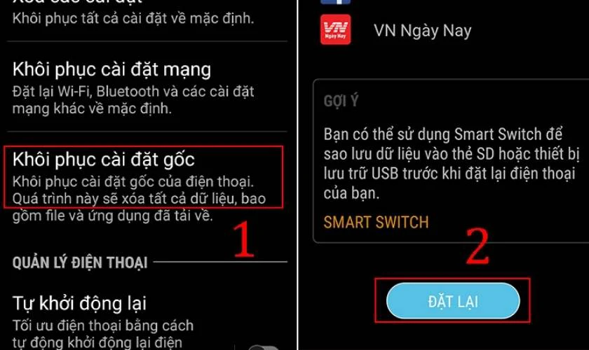 Chọn Kh&ocirc;i phục c&agrave;i đặt gốc