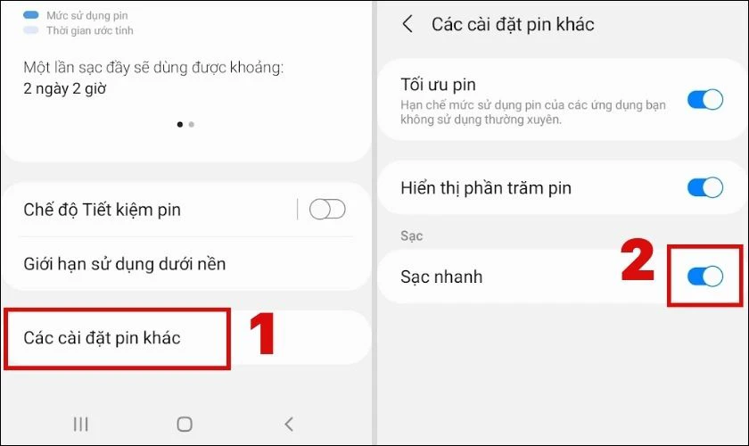 Trong giao diện hiện ra, h&atilde;y chọn C&aacute;c c&agrave;i đặt pin kh&aacute;c v&agrave; nhấn bật Sạc nhanh như h&igrave;nh b&ecirc;n dưới