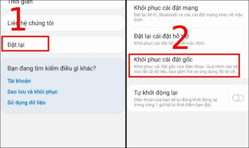 Chọn Đặt lại, chọn Khôi phục cài đặt gốc, nhấn tiếp tục Đặt lại