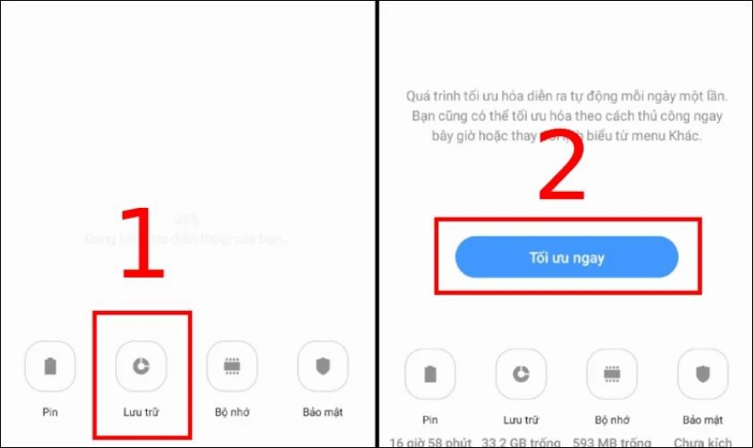 Bạn chọn mục Lưu trữ để xem bộ nhớ đã dùng, sau đó quay lại và chọn vào Tối ưu ngay