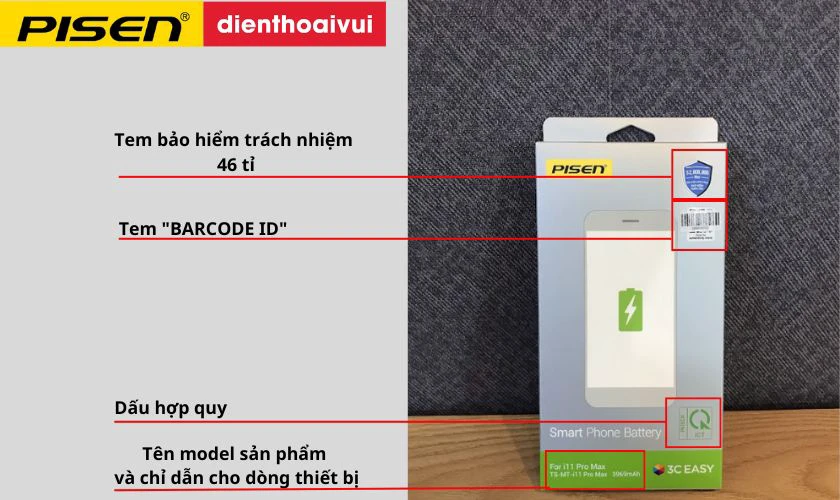 Hướng dẫn kiểm tra pin Pisen ch&iacute;nh h&atilde;ng mặt trước hộp