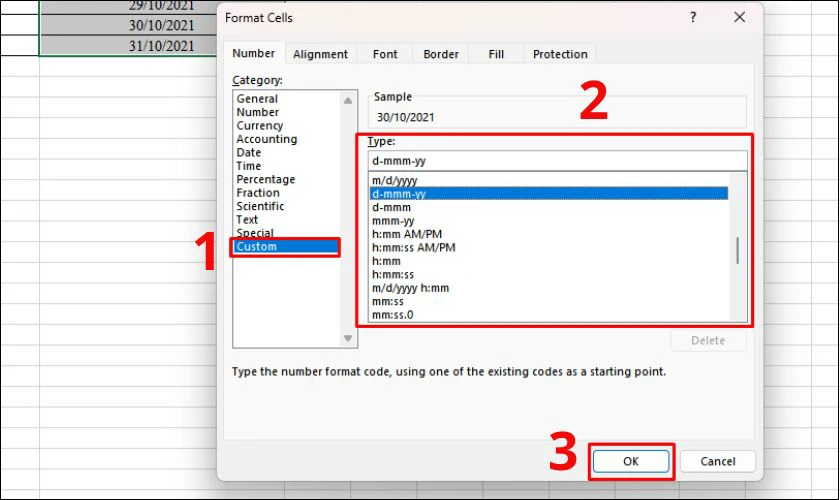 Trong tab Number, bạn hãy nhấn vào Custom