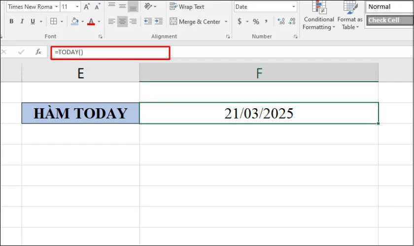 Định dạng ngày tháng năm trong Excel bằng hàm TODAY