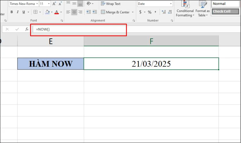 Định dạng ngày tháng năm trong Excel bằng hàm NOW