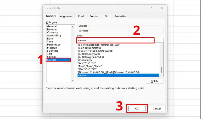 Làm sao để hiển thị tên tháng thay vì số tháng trong Excel?