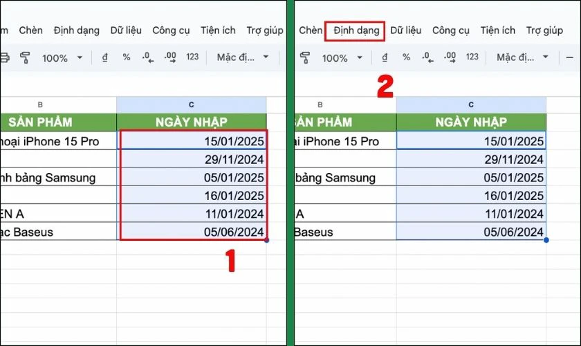 Định dạng ngày tháng trong Google Sheet bằng cách Định dạng