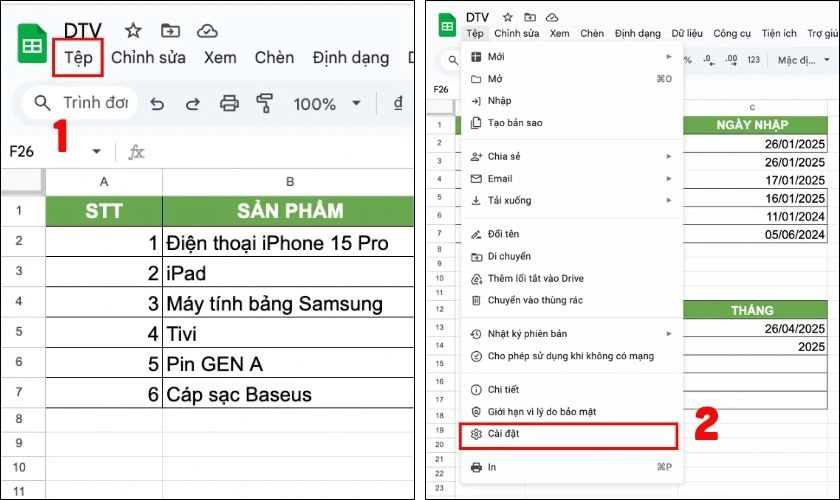 Nhấp vào Tệp trên thanh công cụ, chọn Cài đặt bảng tính