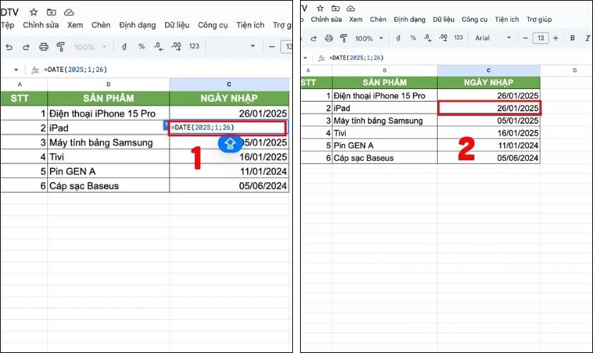 Định dạng ngày tháng trong Google Sheet bằng hàm DATE