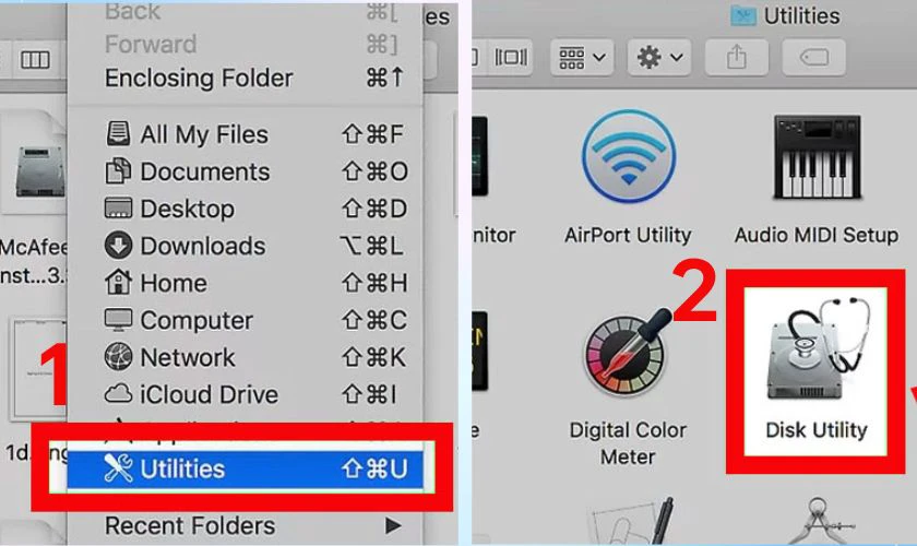 Chọn v&agrave;o Utilities, sau đ&oacute; chọn v&agrave;o Disk Utility