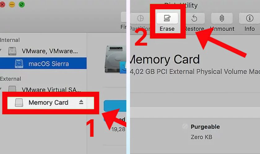 Chọn v&agrave;o Memory Card b&ecirc;n tr&aacute;i m&agrave;n h&igrave;nh, nhấn chọn tiếp tục v&agrave;o Erase