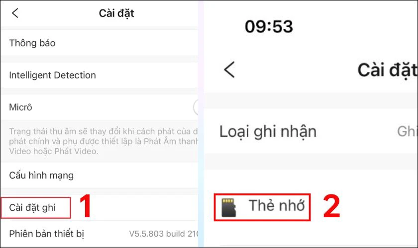 Chọn v&agrave;o mục C&agrave;i đặt ghi, nhấn chọn v&agrave;o Thẻ nhớ