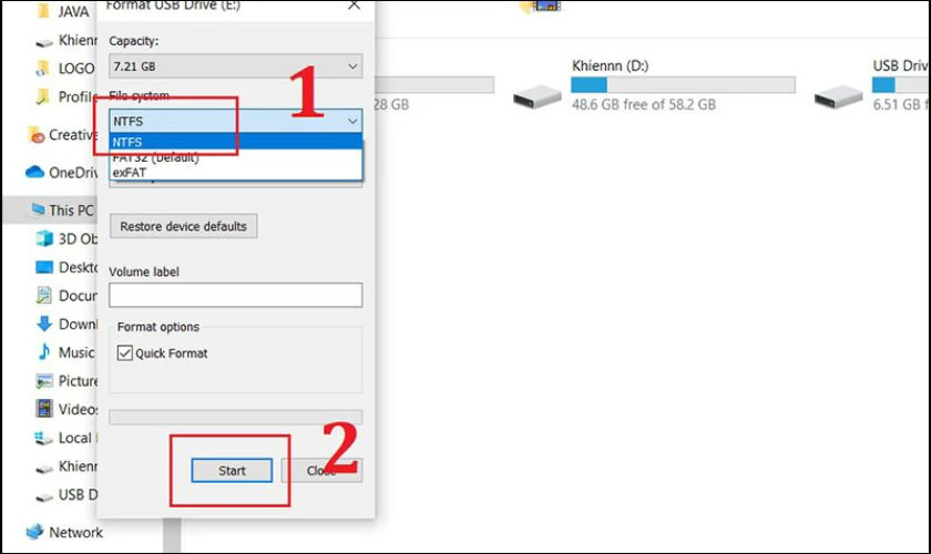 Tại File System, chọn v&agrave;o NTFS v&agrave; bấm chọn Start