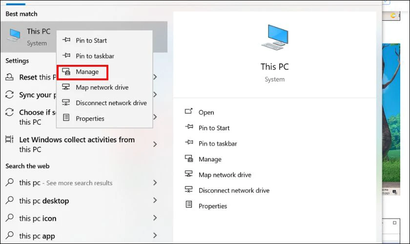 Bấm chuột phải v&agrave;o biểu tượng This PC v&agrave; chọn v&agrave;o Manage