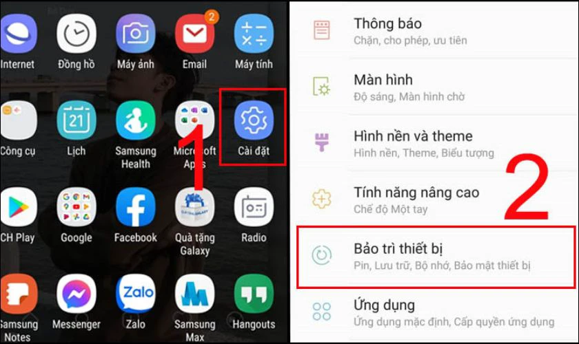 Mở phần C&agrave;i đặt tr&ecirc;n điện thoại v&agrave; nhấn chọn v&agrave;o mục Bảo tr&igrave; thiết bị