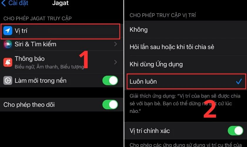Bấm v&agrave;o Vị tr&iacute; v&agrave; chọn Lu&ocirc;n lu&ocirc;n