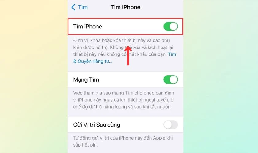 Gạt bật &ocirc; T&igrave;m iPhone chuyển sang m&agrave;u xanh 