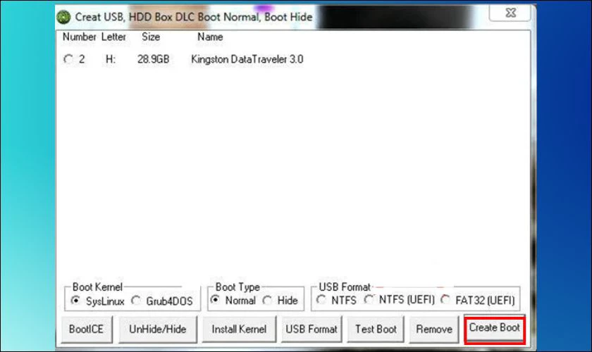 Nhấn v&agrave;o Create Boot để tiến h&agrave;nh tạo USB Boot đa năng bằng DLC Boot