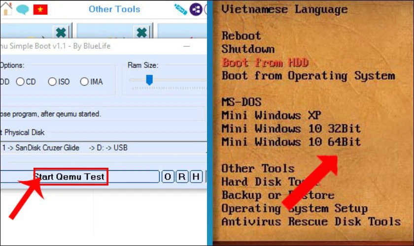 Nhấn chọn v&agrave;o t&ecirc;n USB, tiếp tục chọn Start Qemu Test để tiến h&agrave;nh kiểm tra