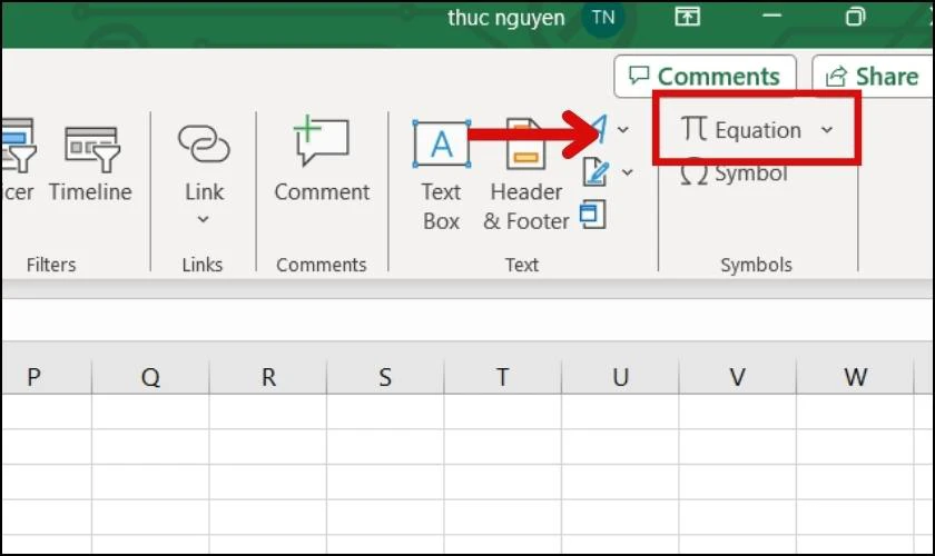 Bạn vào mục Symbols và chọn Equation
