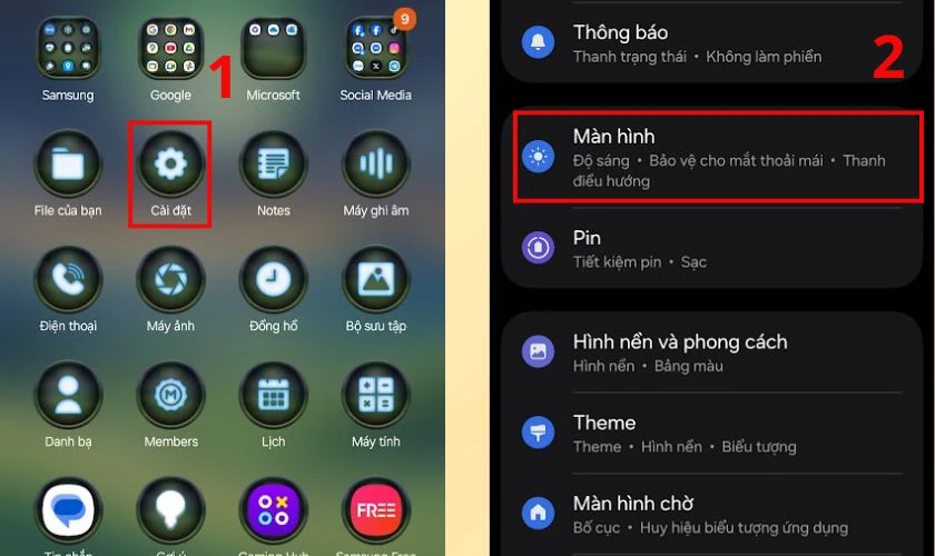 V&agrave;o phần C&agrave;i đặt tr&ecirc;n điện thoại Android rồi chọn M&agrave;n h&igrave;nh
