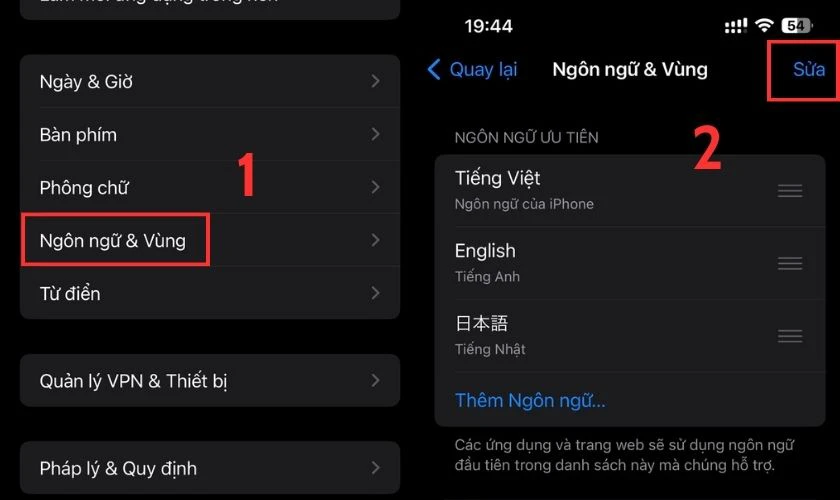 Chọn v&agrave;o mục Ng&ocirc;n ngữ v&agrave; V&ugrave;ng. Sau đ&oacute; chọn Sửa