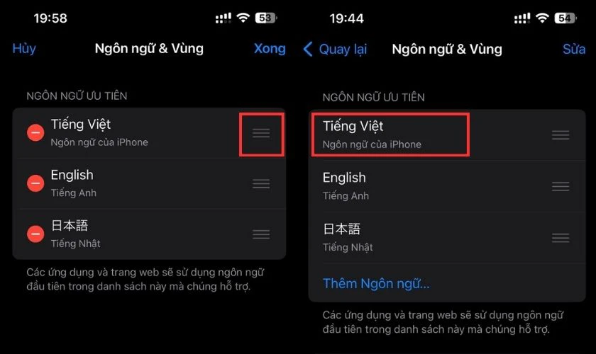 Nhấn giữ biểu tượng 3 thanh ngang b&ecirc;n cạnh ng&ocirc;n ngữ tiếng Việt