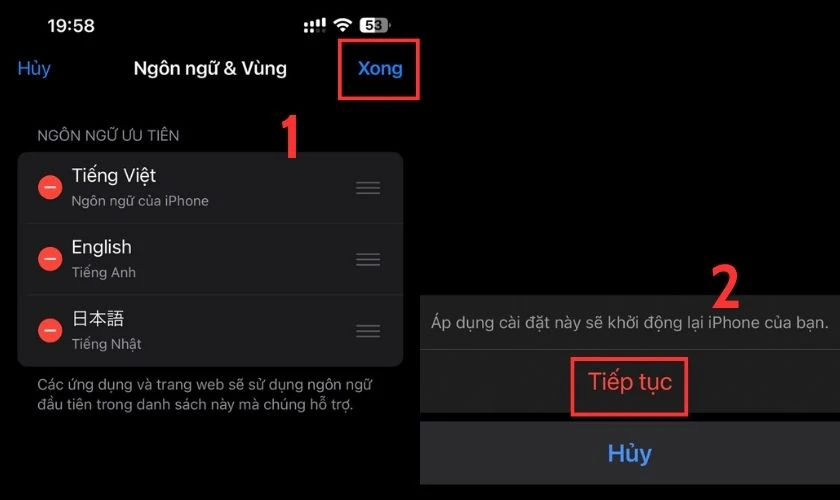 Nhấn v&agrave;o Xong để ho&agrave;n tất thay đổi ng&ocirc;n ngữ tr&ecirc;n điện thoại