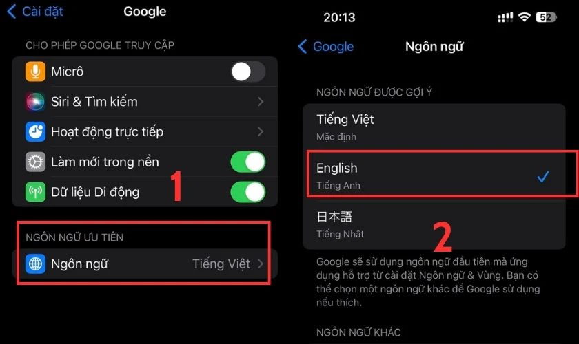 Trong mục Ng&ocirc;n ngữ ưu ti&ecirc;n chọn v&agrave;o Ng&ocirc;n ngữ