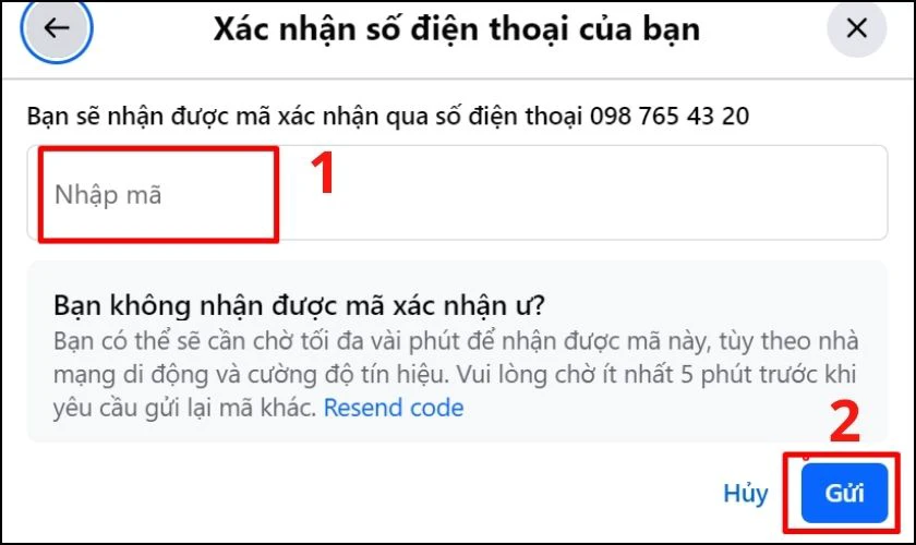 Nhập mã xác thực được Facebook gửi đến số điện thoại mới