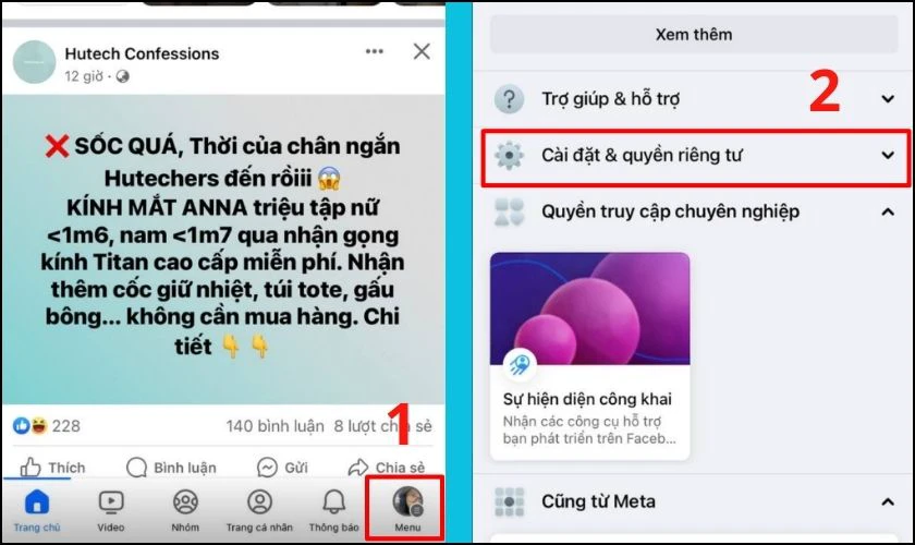 Chọn vào biểu tượng Menu ở dưới cuối màn hình