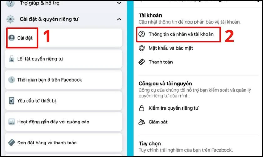 Chọn Thông tin tài cá nhân và tài khoản