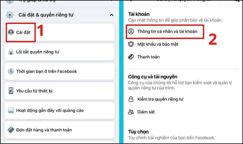 Chọn Thông tin cá nhân và tài khoản
