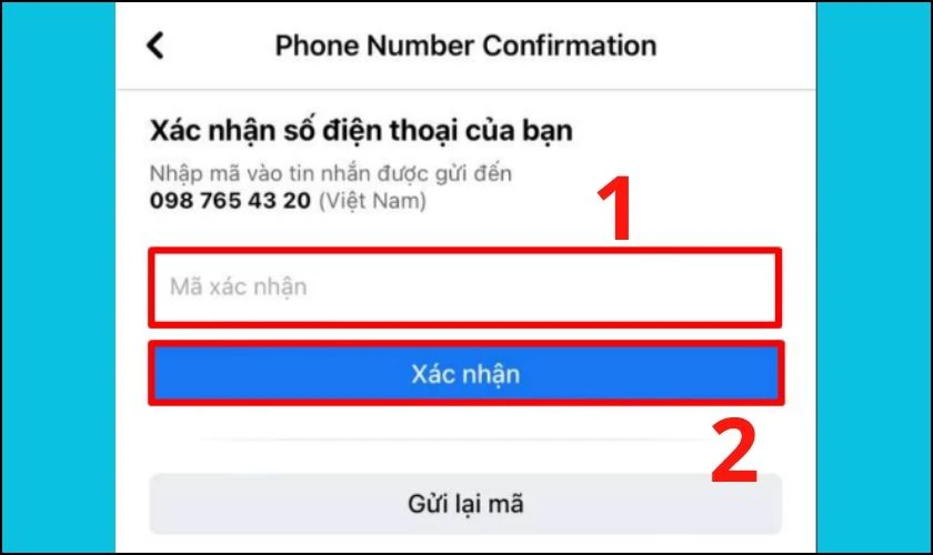 Nhập mã xác nhận vào ô tương ứng