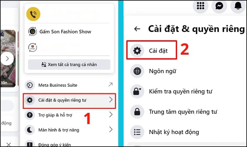 Chọn Cài đặt & quyền riêng tư, tiếp tục chọn mục Cài đặt