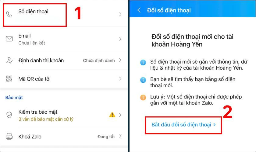 Bạn chọn tiếp mục Số điện thoại v&agrave; chọn Bắt đầu đổi số điện thoại