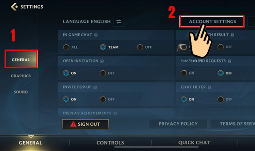 Bấm chọn v&agrave;o mục Account Settings ở tab General