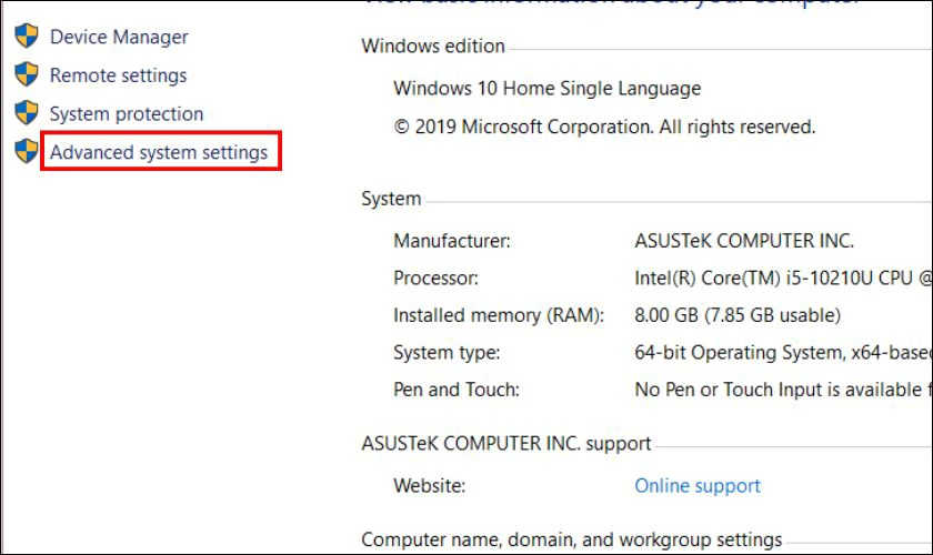 Nhấn v&agrave;o Advanced system settings