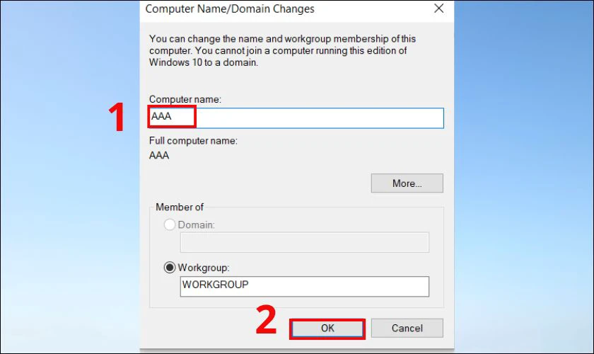 Điền t&ecirc;n mới v&agrave;o mục Computer name, nhấn OK