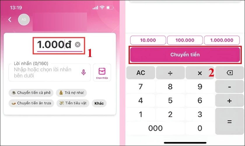 Nhập số tiền v&agrave; nhấn Chuyển tiền