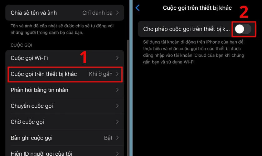 Vô hiệu hóa hiển thị cuộc gọi trên các thiết bị khác