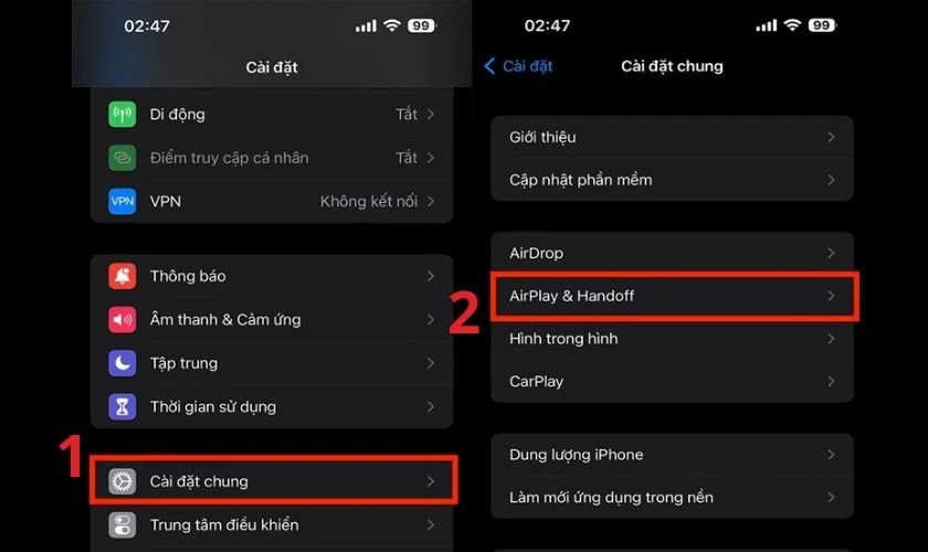 Tr&ecirc;n điện thoại truy cập C&agrave;i đặt chung v&agrave; chọn AirPlay & Handoff